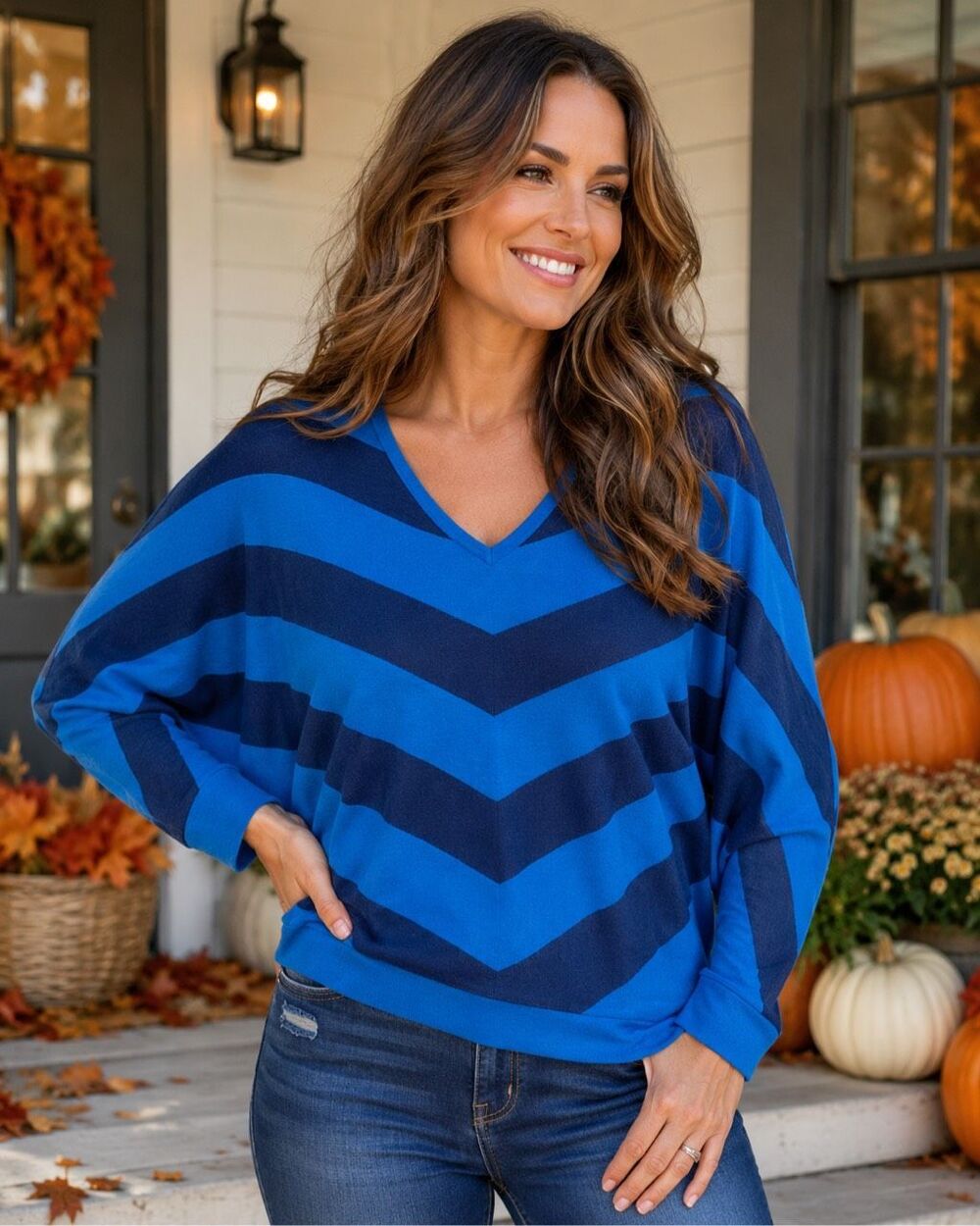 The Limited Women’s Blue Navy Chevron Stripe V Neck Dolman Sleeve Sweater Top